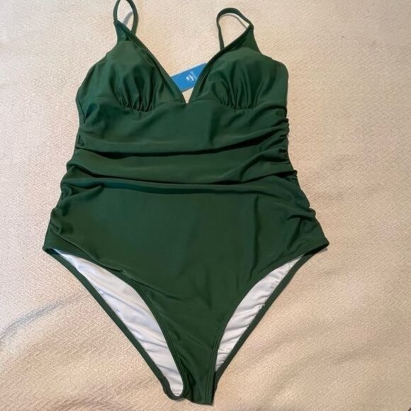 Cupshe Womens 1 Piece Swimsuit Large Green Ruched Tummy Control Adjustable Strap - Picture 3 of 9